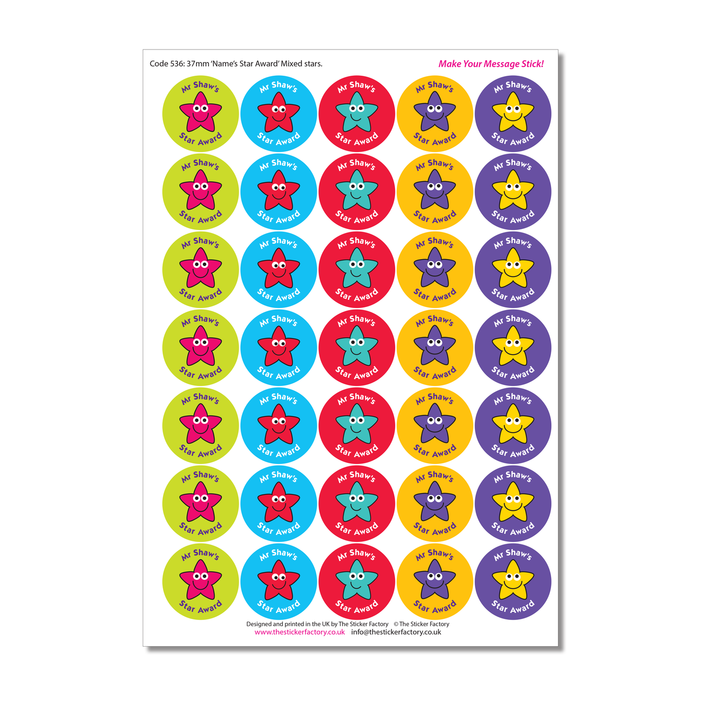 Personalised Reward Stickers Star Award