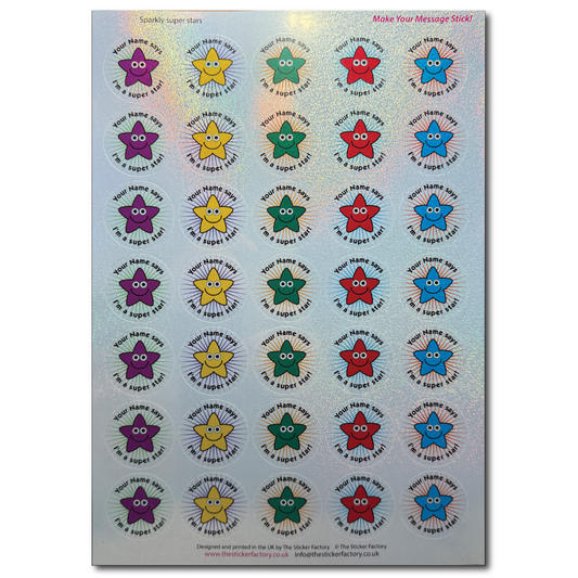 Sheet of colourful star-shaped character stickers with text on a sparkly surface