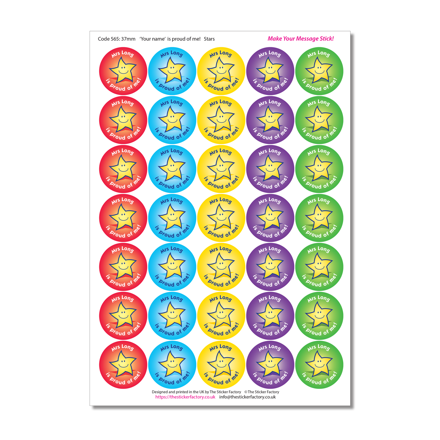 Personalised Reward Stickers Proud of me Star