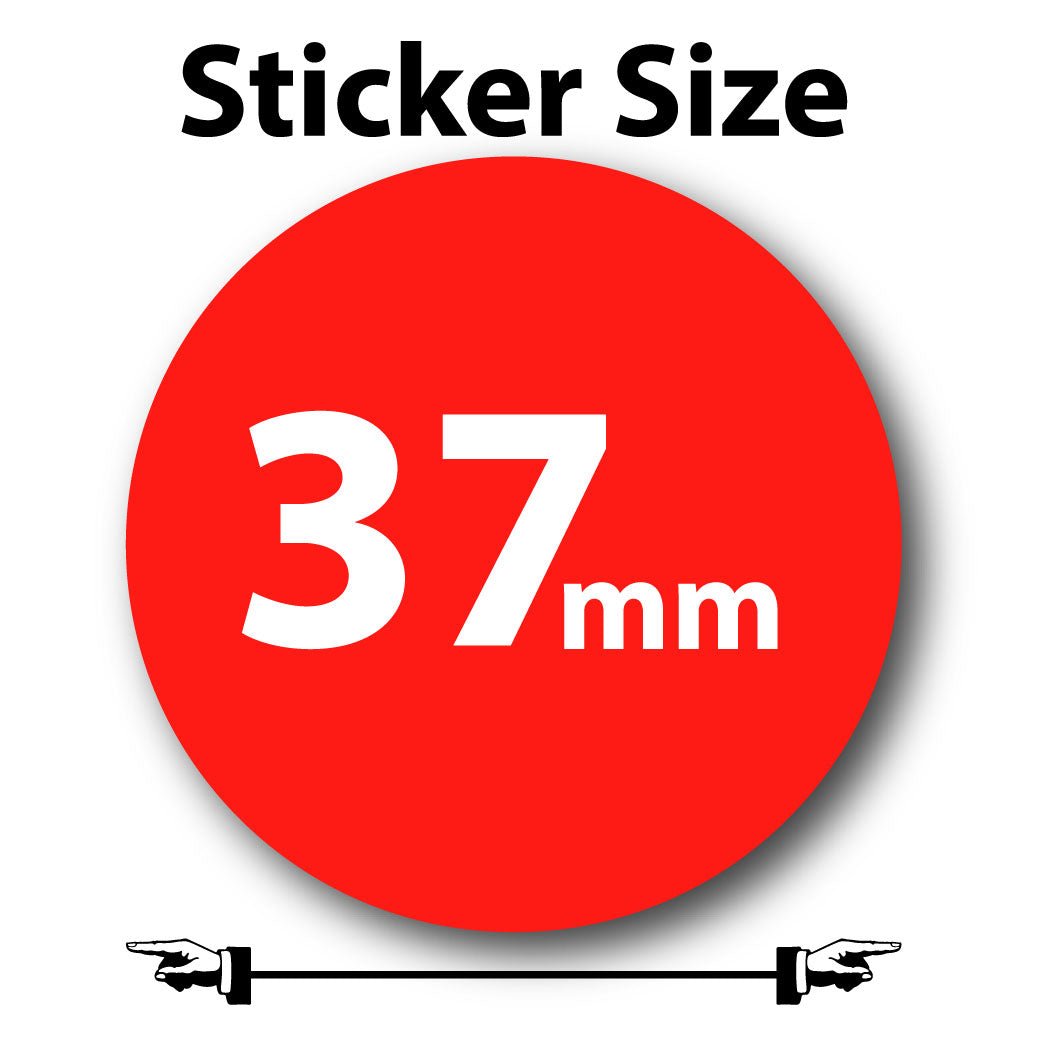 Illustration showing individual sticker size. 37mm white text on red background