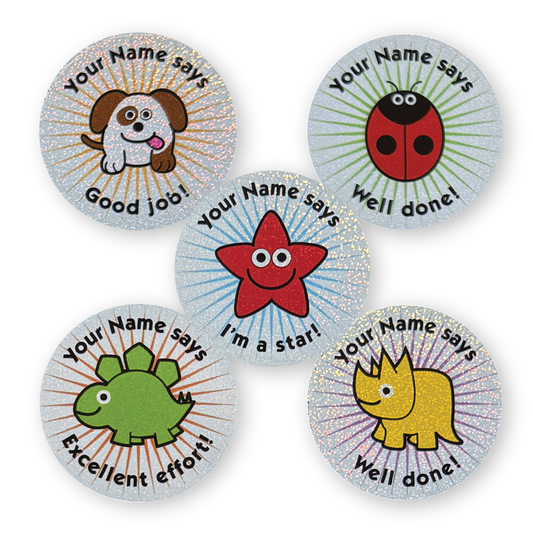 Five sparkly motivational stickers with animal designs and text on a white background