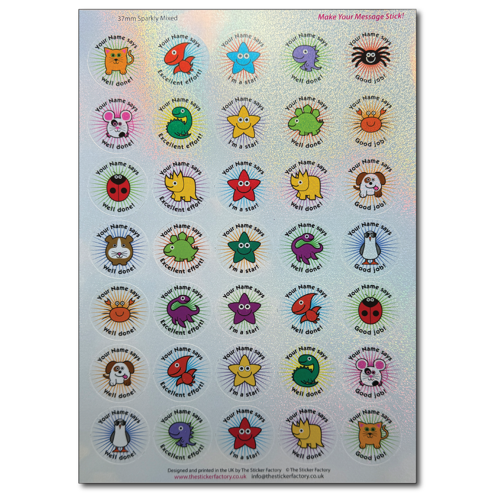 Sheet of colourful sparkly animal-themed stickers with text on a white background