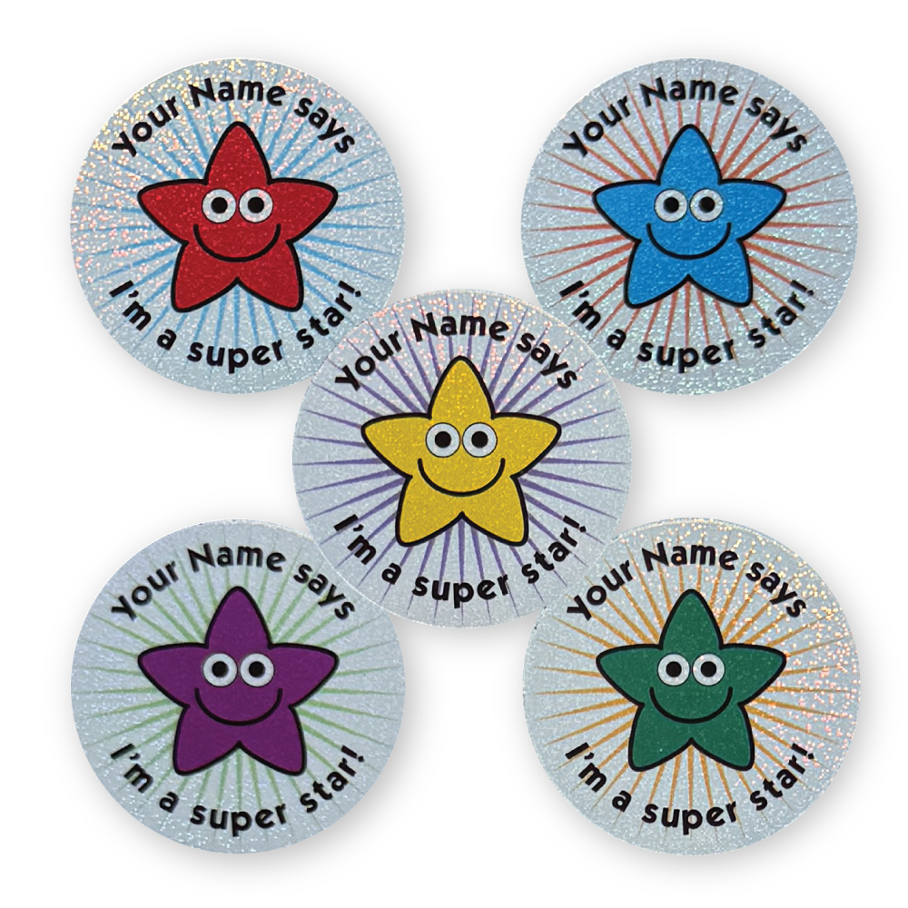 Five colourful sparkly stickers with star characters and text on a white background