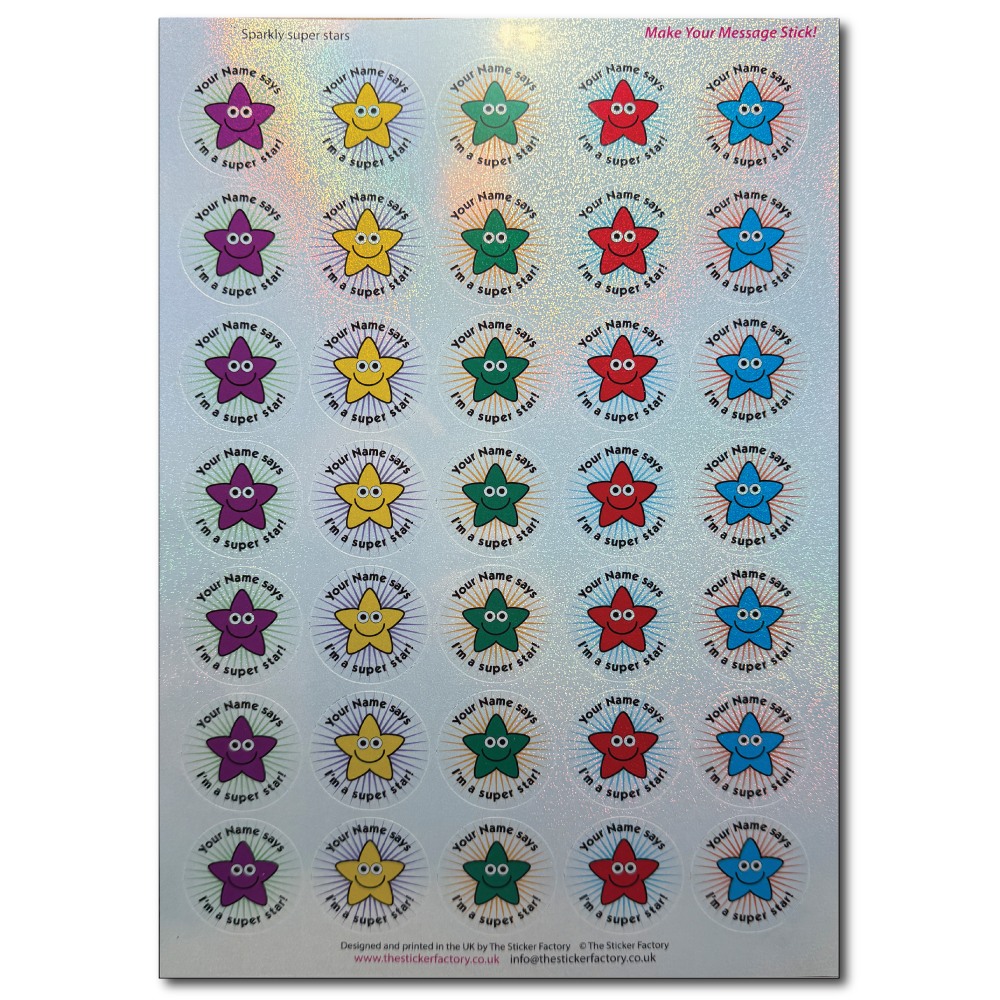 Sheet of colourful star-shaped character stickers with text on a sparkly surface
