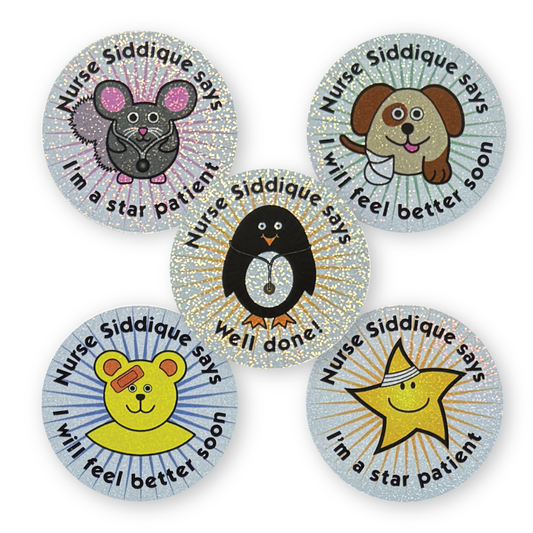 Five colorful stickers with animal illustrations and text on a sparkly background