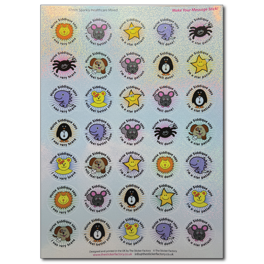 Sheet of colourful stickers with various animal illustrations and text on a sparkly background