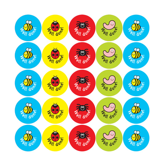 Mini-Beast reward sticker graphic showing detailed images of the 4 mini-beasts- bee, ladybird, spider and worm