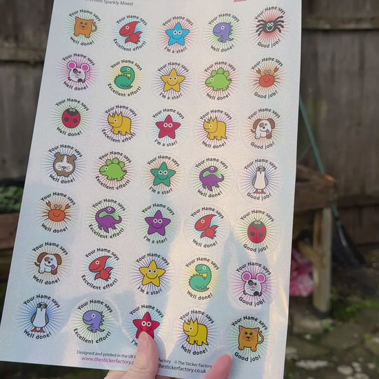 Video illustrating sparkly mixed character sheet of stickers
