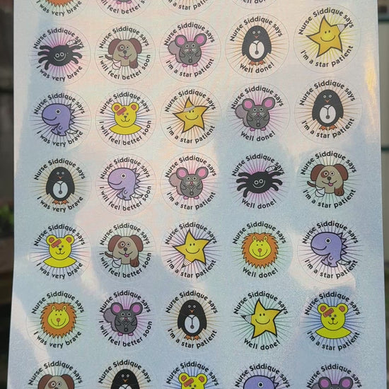 Video of sparkly sticker sheet showing fun animal and star illustrations with space to add a name
