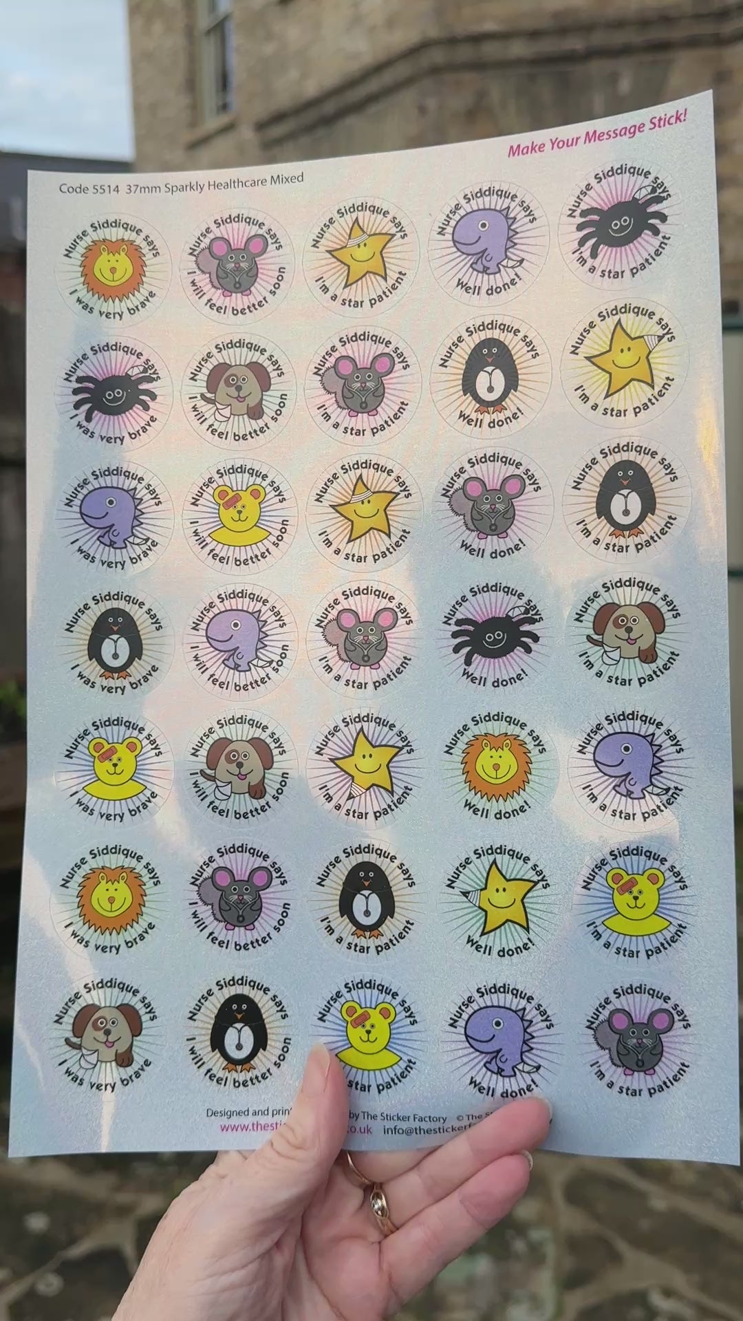 Video of sparkly sticker sheet showing fun animal and star illustrations with space to add a name
