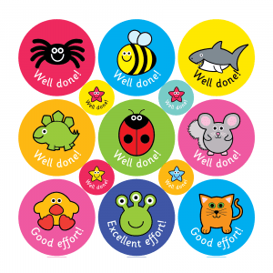 Sample Image of 9 stickers with fun characters on different brightly coloured backgrounds with a range of different captions