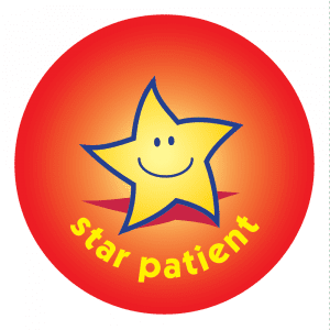 Star patient sticker Yellow smile star on red background