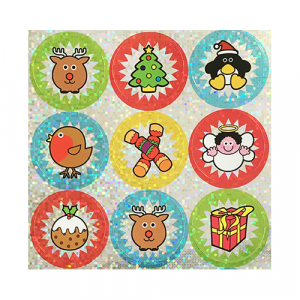 Sparkly christmas stickers showing 9 different characters