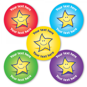 Customised Mixed Colour Stars stickers where you can add your own top text and bottom text