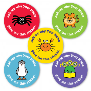 Five sample images of 'Ask me why' stickers from The Sticker Factory