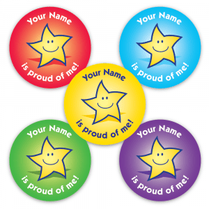 Personalised proud of me stickers. Smiley stars on colourful backgrounds with caption is proud of me. Add your name to personalise
