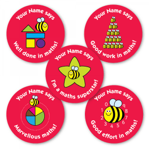 Image of personalised maths stickers showing detail of 5 different images & captions