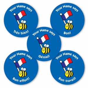 Image showing detail of French personalised stickers. 5 stickers with bee flying French flag, each having a different caption