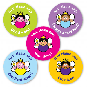 Personalised Fairy reward stickers. Multicultural fairy images on colourful backgrounds. Add your name to personalise.
