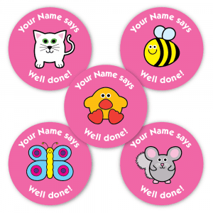 Sample personalised stickers with mixed animal characters on a pink background 