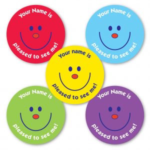 Personalised Smiling Face Stickers. Smiley faces on bright background with is pleased to see me caption. personalise with your name