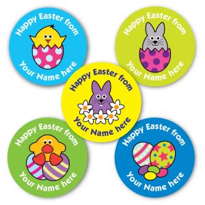Personalised Happy Easter stickers with five easter easter characters on colourful backgrounds. Your name is printes at the top