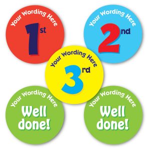Personalised 1st 2nd 3rd Well done stickers. A mix of images showin 1st, 2nd & 3rd plus well done on colourful backgrounds