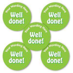 Personalised Well done stickers. White Well done! text on a green background. Your name added at the top.
