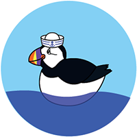 Puffin character floating on the sea