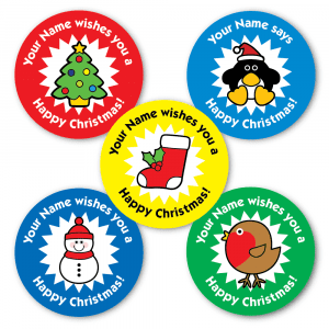 Personalised Happy Christmas stickers with 5 xmas images