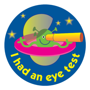 I had an eye test sticker with alien character looking through a telescope