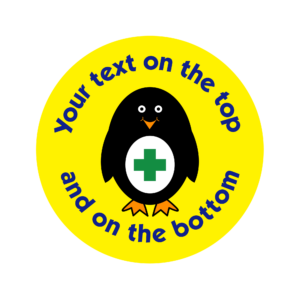 customised healthcare sticker with penguin character on yellow background add a message on the top and bottom of the sticker