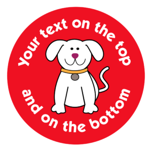 Customised Reward Sticker White Dog on red background add your own text
